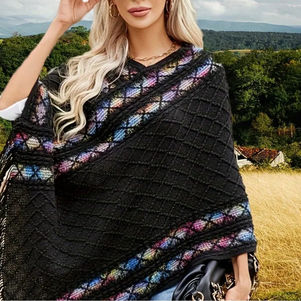 Black Poncho with Multicolor Accents NEW - Picture 4 of 4